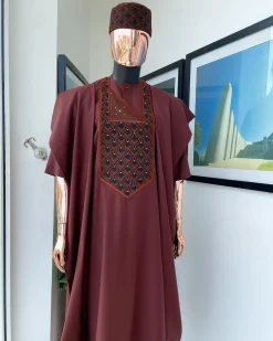 A Cinnamon Brown, Layered Egg Plant Embroidery Detailing Agbada