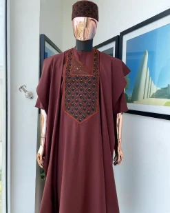 A Cinnamon Brown, Layered Egg Plant Embroidery Detailing Agbada