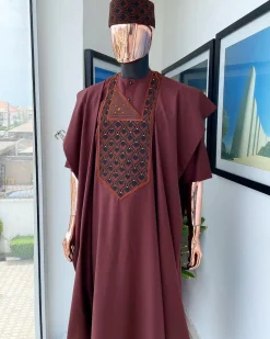 A Cinnamon Brown, Layered Egg Plant Embroidery Detailing Agbada