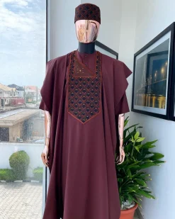 A Cinnamon Brown, Layered Egg Plant Embroidery Detailing Agbada