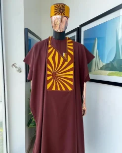A Cinnamon Brown, Sunset In The East Embroidery Gold Mixed Detailing Agbada