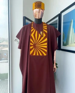 A Cinnamon Brown, Sunset In The East Embroidery Gold Mixed Detailing Agbada