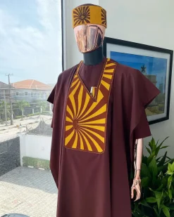A Cinnamon Brown, Sunset In The East Embroidery Gold Mixed Detailing Agbada