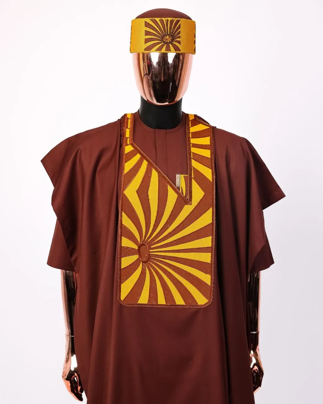A Cinnamon Brown, Sunset In The East Embroidery Gold Mixed Detailing Agbada