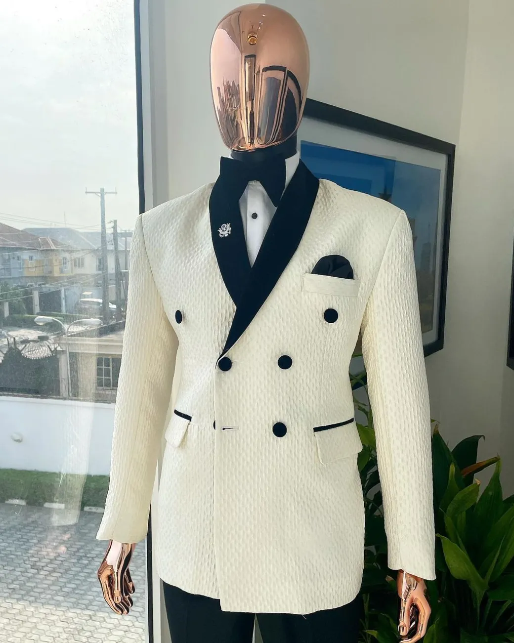 A Circle Pattern, Double-Breasted, Soaked Italian Velvet Detailing Lapel Tuxedo Suit