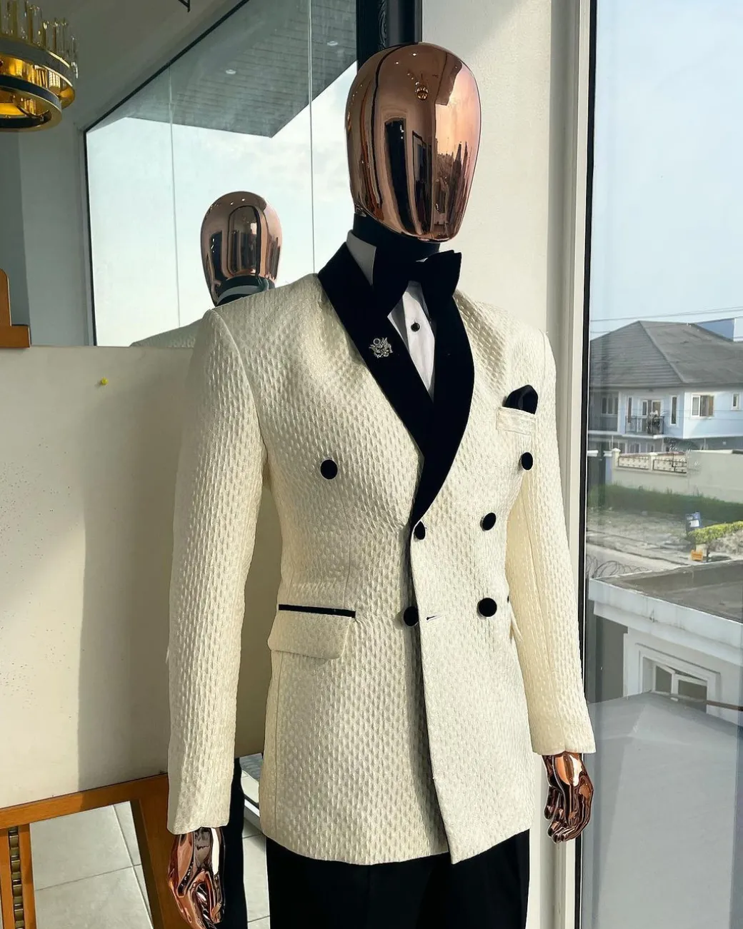 A Circle Pattern, Double-Breasted, Soaked Italian Velvet Detailing Lapel Tuxedo Suit
