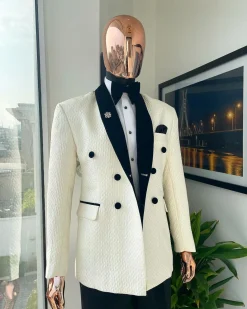 A Circle Pattern, Double-Breasted, Soaked Italian Velvet Detailing Lapel Tuxedo Suit