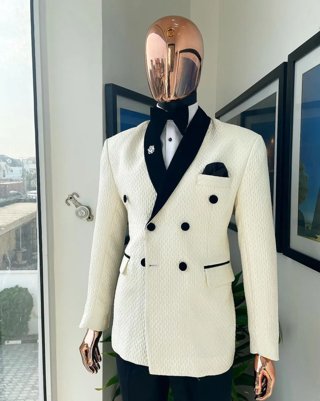 A Circle Pattern, Double-Breasted, Soaked Italian Velvet Detailing Lapel Tuxedo Suit