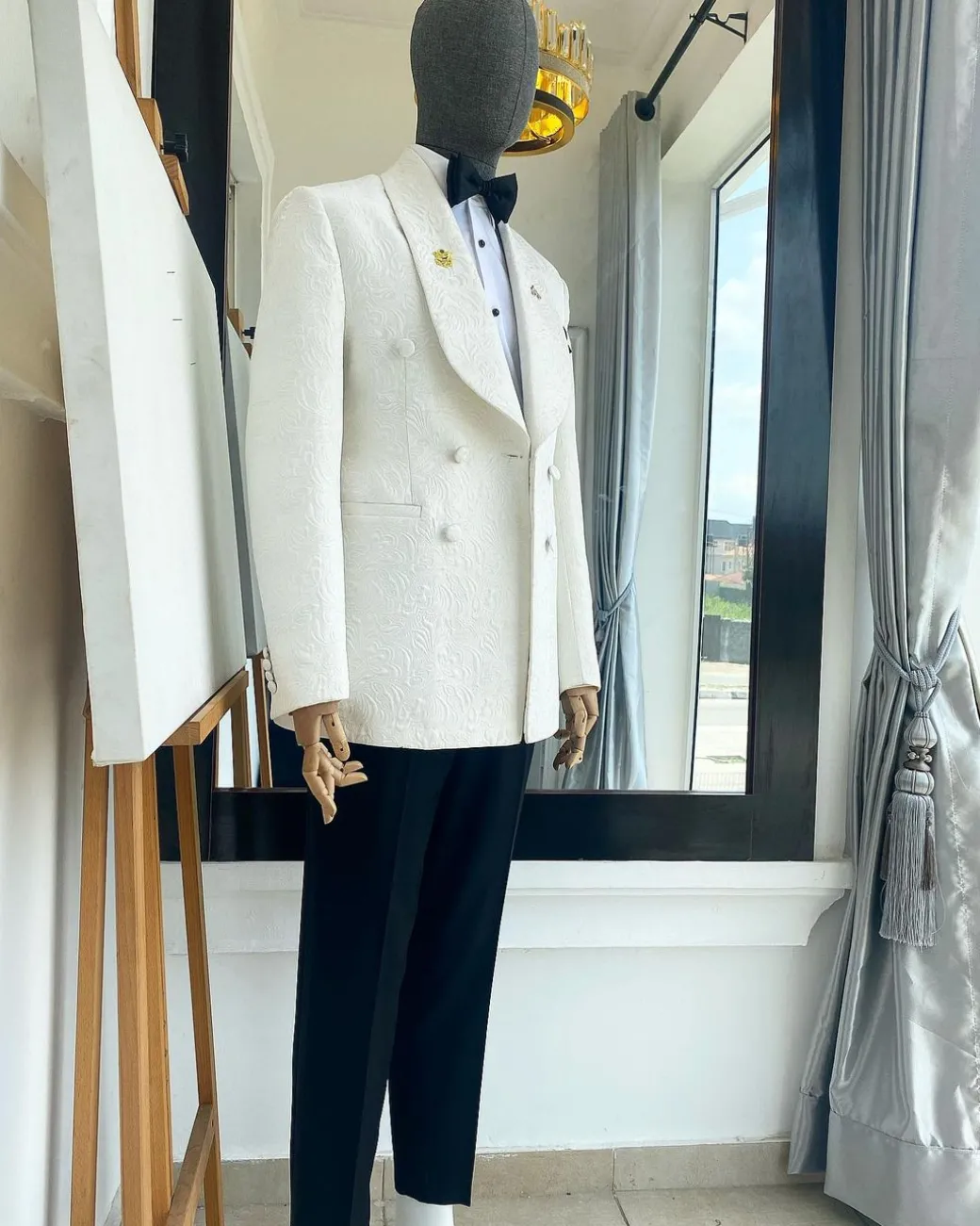 A “Classic” ivory white double breasted floral jacquard shawl lapel blazer suit