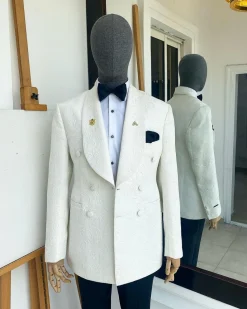 A “Classic” ivory white double breasted floral jacquard shawl lapel blazer suit