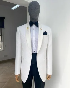 A “Classic” Ivory White Floral Jacquard Shawl Lapel Tuxedo Suit.