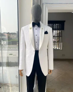 A “Classic” Ivory White Floral Jacquard Shawl Lapel Tuxedo Suit.