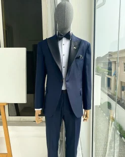 A “Classic” Navy Blue Peak Lapel Tuxedo Suit