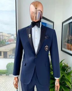 A Classic Navy Blue, Peak Lapel Tuxedo Suit