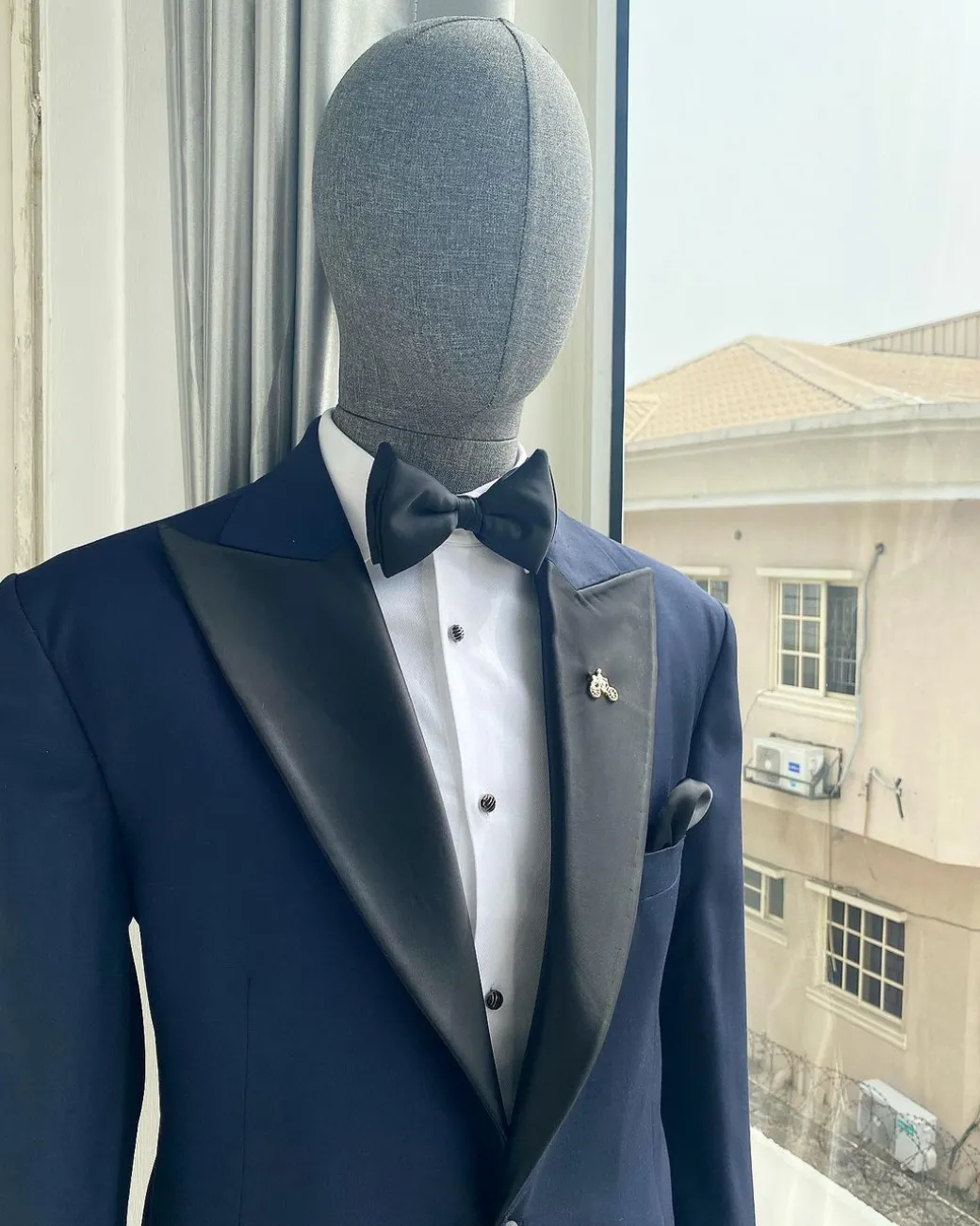 A “Classic” Navy Blue Peak Lapel Tuxedo Suit