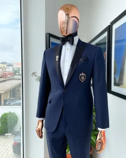 A Classic Navy Blue, Peak Lapel Tuxedo Suit