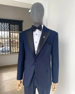 A “Classic” Navy Blue Peak Lapel Tuxedo Suit
