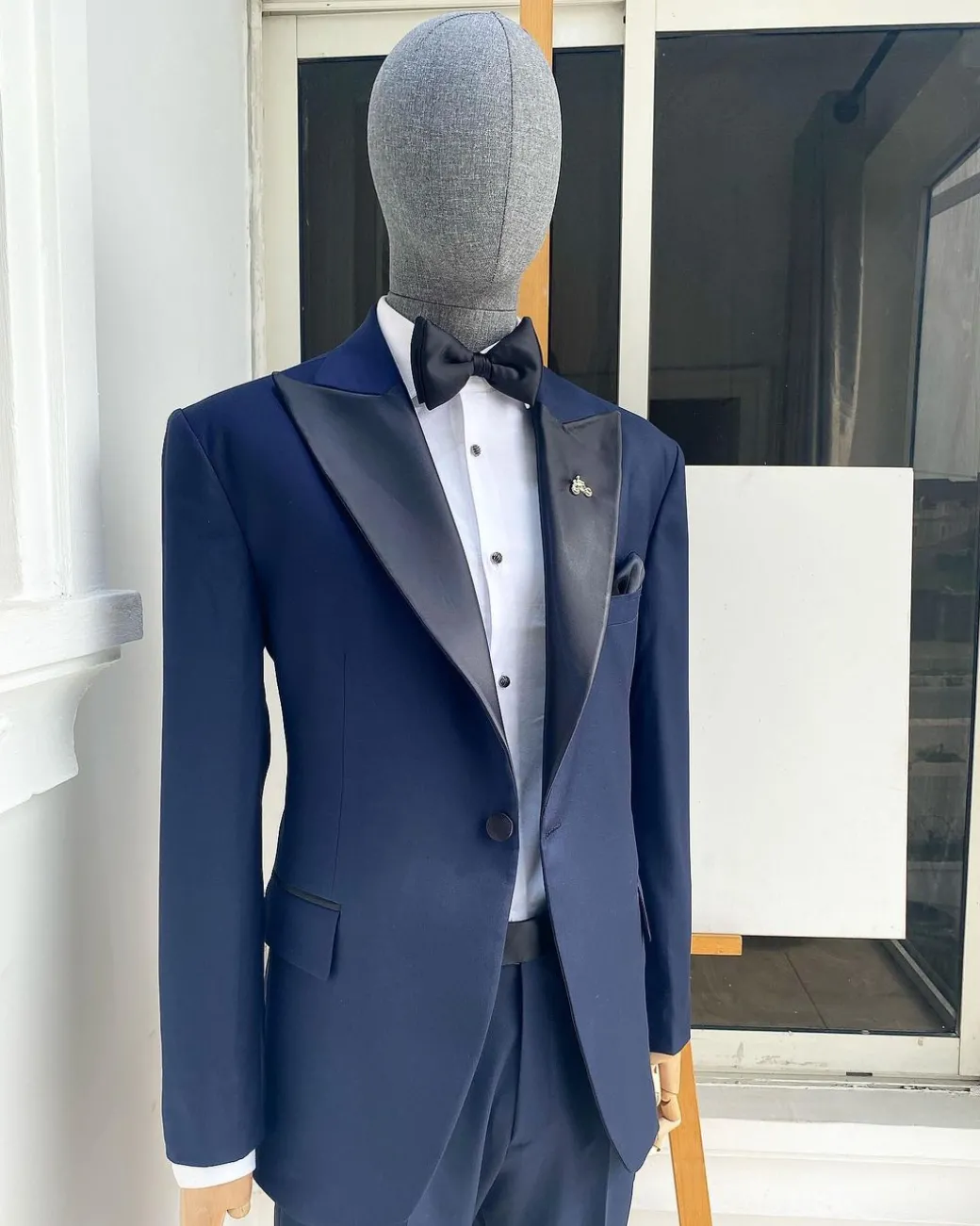 A “Classic” Navy Blue Peak Lapel Tuxedo Suit