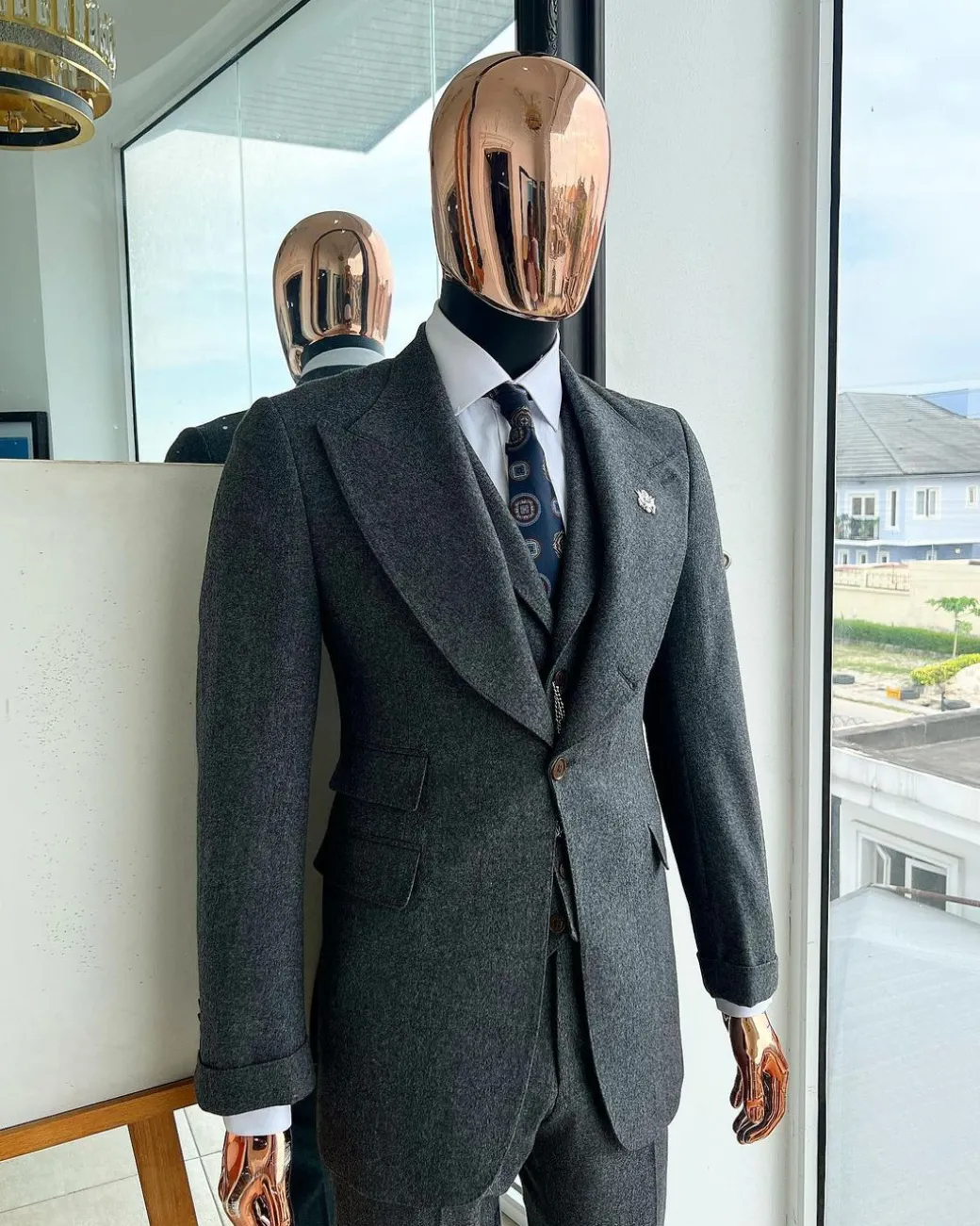 A Cloud Grey, Knitted, Peak Lapel Jorgecarli Vogue Suit