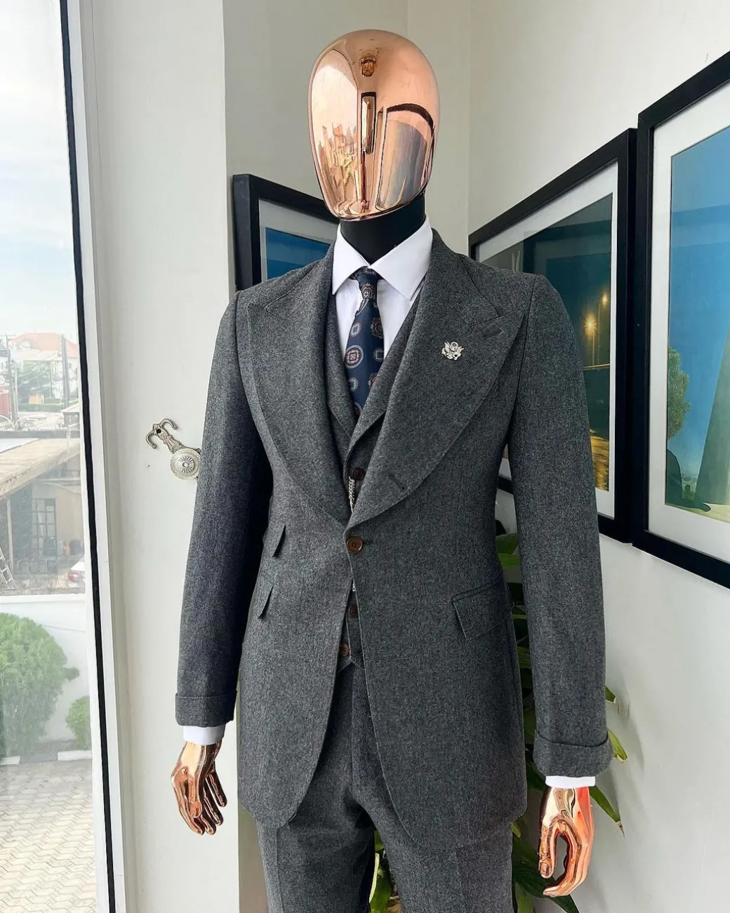 A Cloud Grey, Knitted, Peak Lapel Jorgecarli Vogue Suit