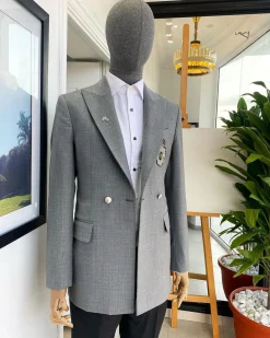 A Cloud Grey Peak Lapel, One button Double Breasted Suit.