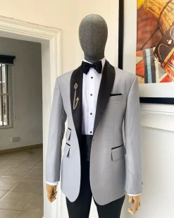 A Cloud Grey Shawl Lapel Tuxedo Suit