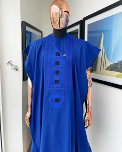 A Cobalt Blue, Interwoven Octagon Embroidery Design Agbada