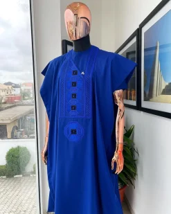 A Cobalt Blue, Interwoven Octagon Embroidery Design Agbada