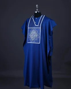 A Cobalt blue, layered dodecagon embroidery Agbada
