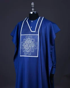 A Cobalt blue, layered dodecagon embroidery Agbada