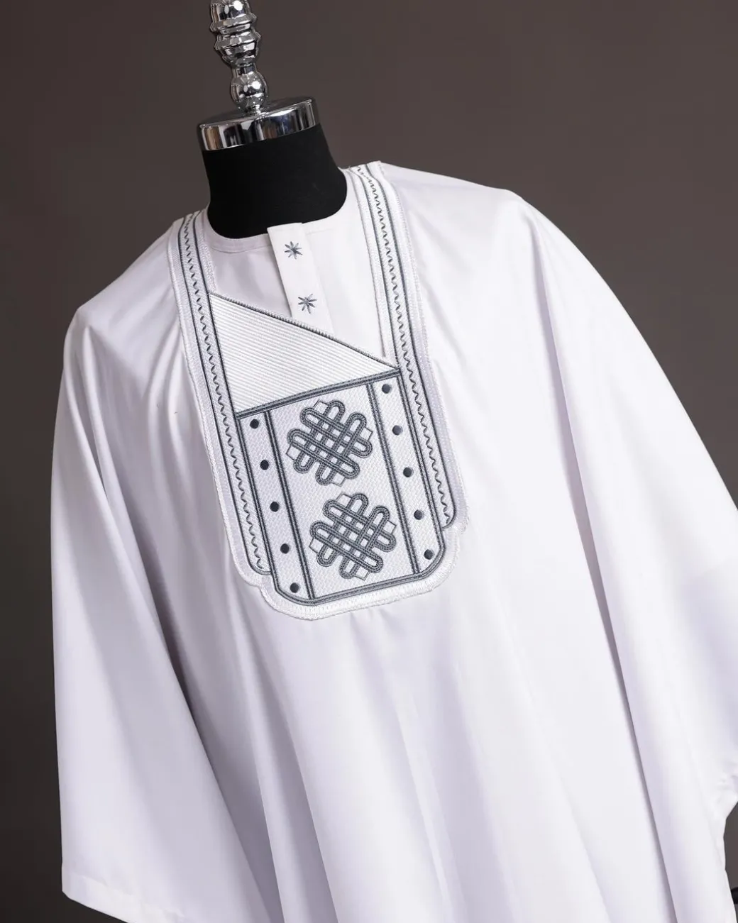 A Cocaine White Agbada, Grey Embroidery Detailing Agbada