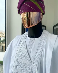A Cocaine White dotted round and interwoven line embroidery agbada
