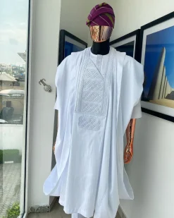 A Cocaine White dotted round and interwoven line embroidery agbada