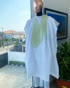 A Cocaine White, Mint Green coordinated circle embroidery agbada