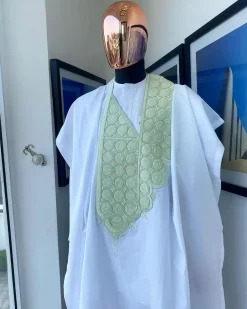 A Cocaine White, Mint Green coordinated circle embroidery agbada
