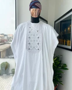 A Cocaine white, Square dropping-layered embroidery design details agbada