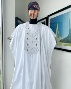 A Cocaine white, Square dropping-layered embroidery design details agbada