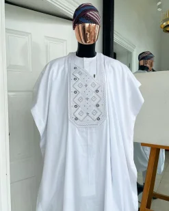 A Cocaine white, Square dropping-layered embroidery design details agbada