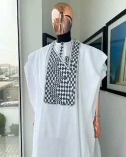 A Cocaine white, Square inter-layered 3D embroidery design details Agbada