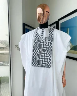 A Cocaine white, Square inter-layered 3D embroidery design details Agbada