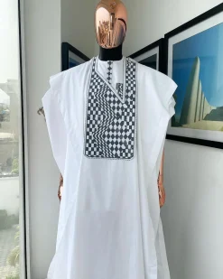 A Cocaine white, Square inter-layered 3D embroidery design details Agbada