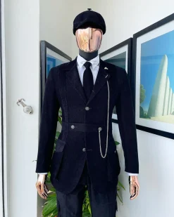 A “Combat” charcoal black corduroy, 3 button safari suit, combat pant trouser & Hat