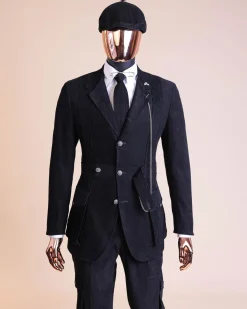 A “Combat” charcoal black corduroy, 3 button safari suit, combat pant trouser & Hat