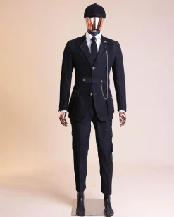A “Combat” charcoal black corduroy, 3 button safari suit, combat pant trouser & Hat