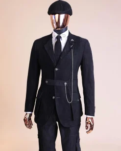 A “Combat” charcoal black corduroy, 3 button safari suit, combat pant trouser & Hat