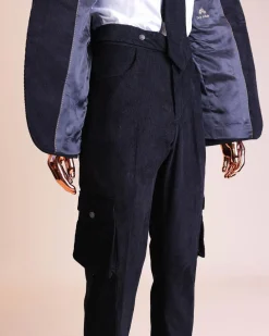 A “Combat” charcoal black corduroy, 3 button safari suit, combat pant trouser & Hat