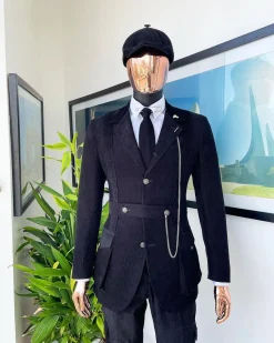 A “Combat” charcoal black corduroy, 3 button safari suit, combat pant trouser & Hat