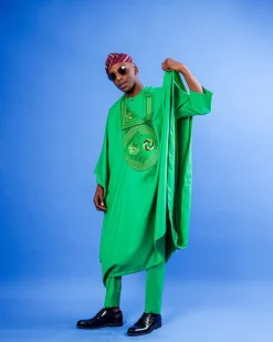 A Cool Green, Spiral Octagonal Interconnected Details Agbada