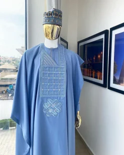 A Corn flower blue Agbada with embroidery, hand knitted Fulani hat, kaftan and sokoto
