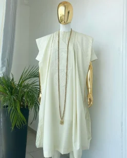 A cream African Agbada with interwoven embroidery design, short sleeve senator kaftan and sokoto